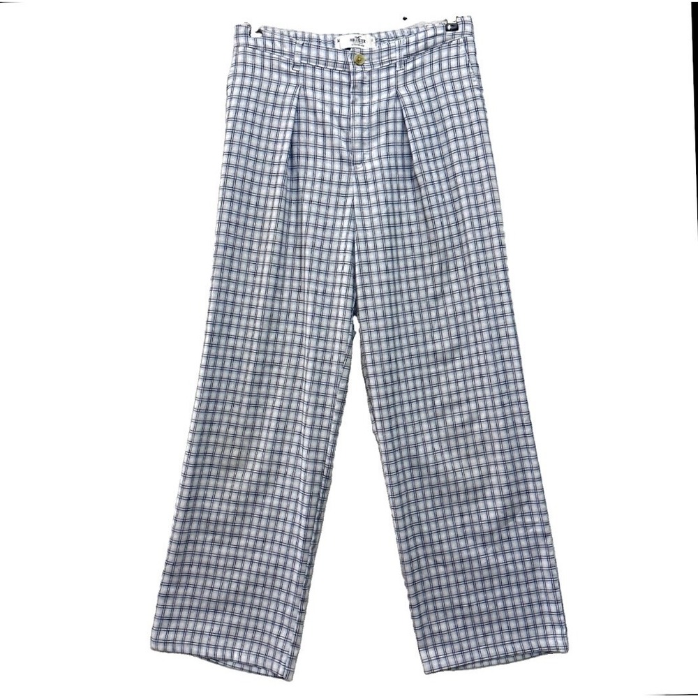 Hollister Women's M Ultra High Rise Gingham Plaid Pleated Wide Leg Trousers Blue